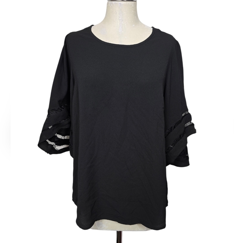 Umgee Black Wide Sheer Mesh Bell Sleeves Polyester Blouse S